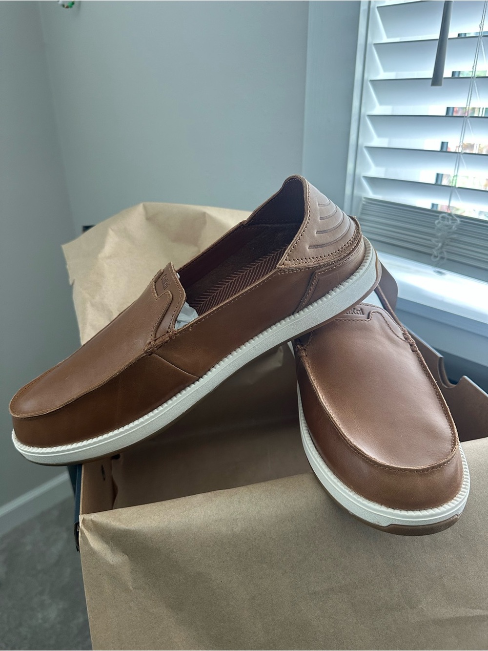 OluKai Men's Brown Leather Slip-On Loafers with White Sole